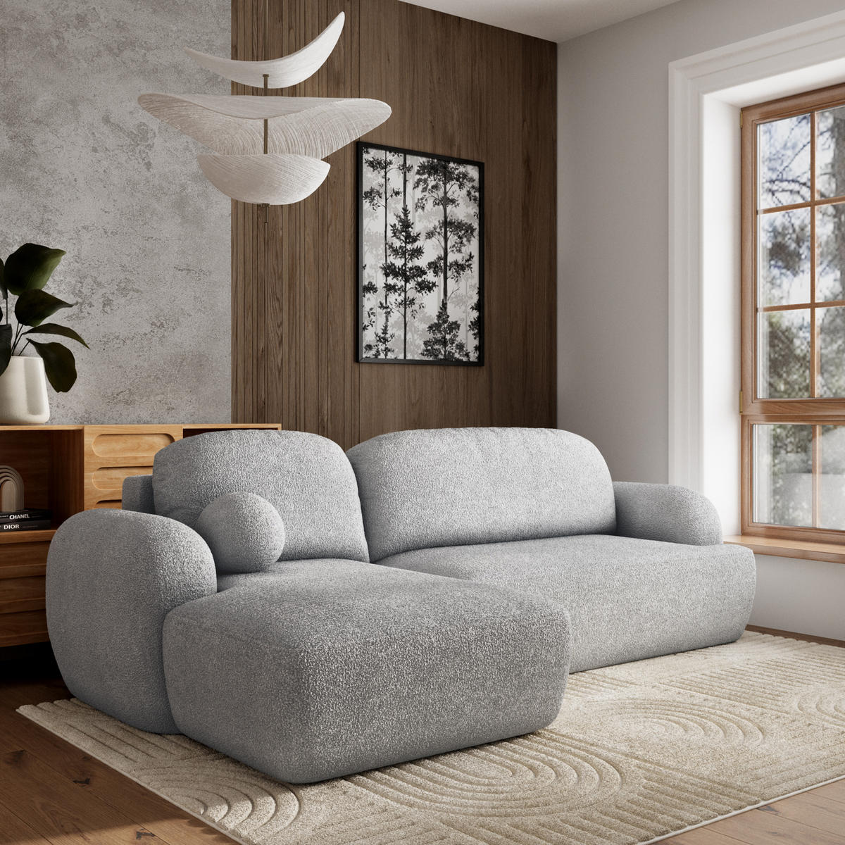 ECKSOFA MODENZA N L-S Hellgrau Boucle-Stoff mit Schlaffunktion - Hellgrau, Holz (266/148cm) - MASSENO