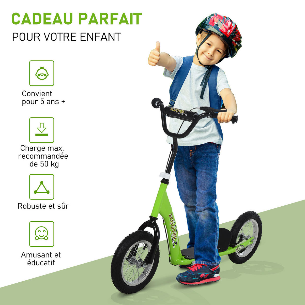 KINDERSCOOTER DE-16923 Große Räder & höhenverstellbarer Lenker Grün - Grün, Metall (117/52/85cm) - ComfortXL