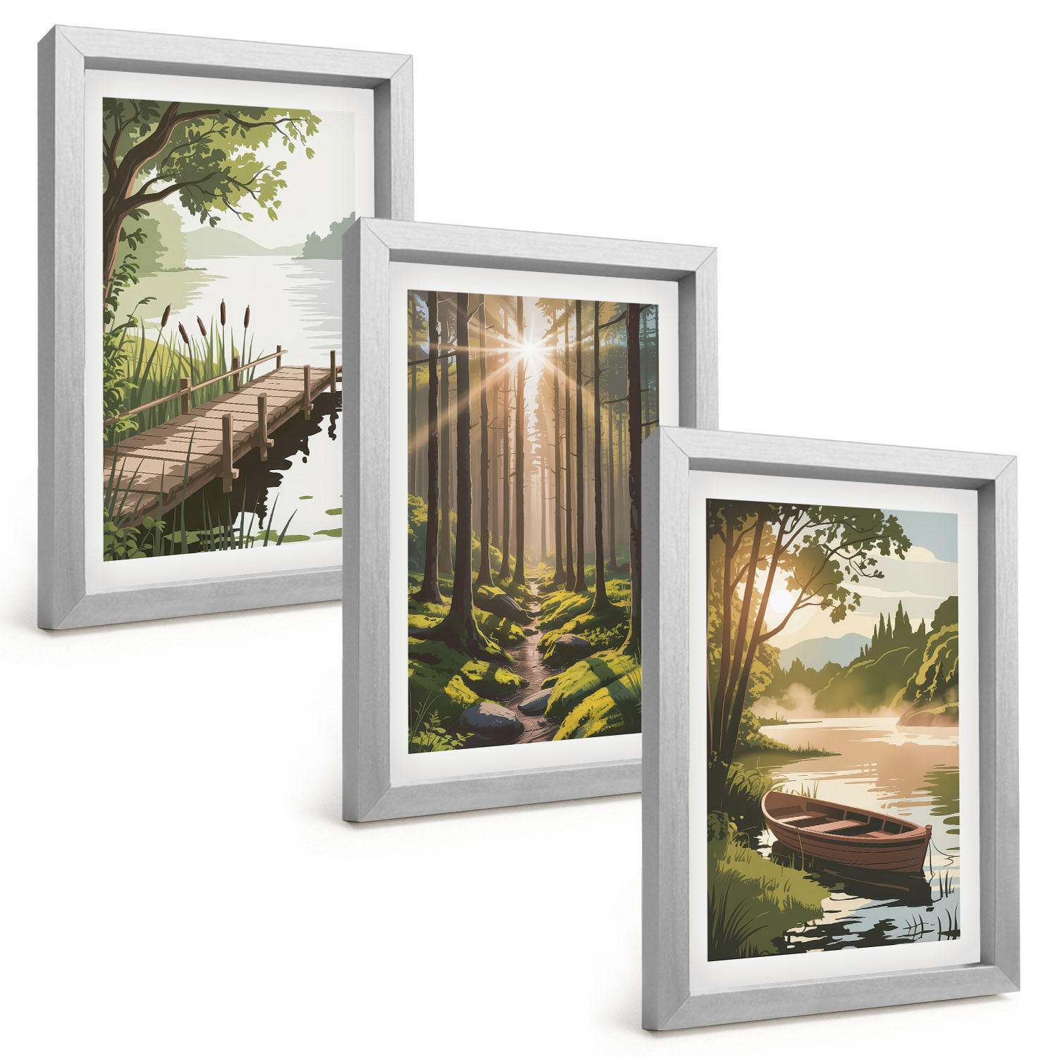 BILDER SET 3er Set - 20x30 cm Silberner Rahmen - Landschaft aus Wald, See und Boot - Silberfarben, Kunststoff (20/30cm) - TULUP