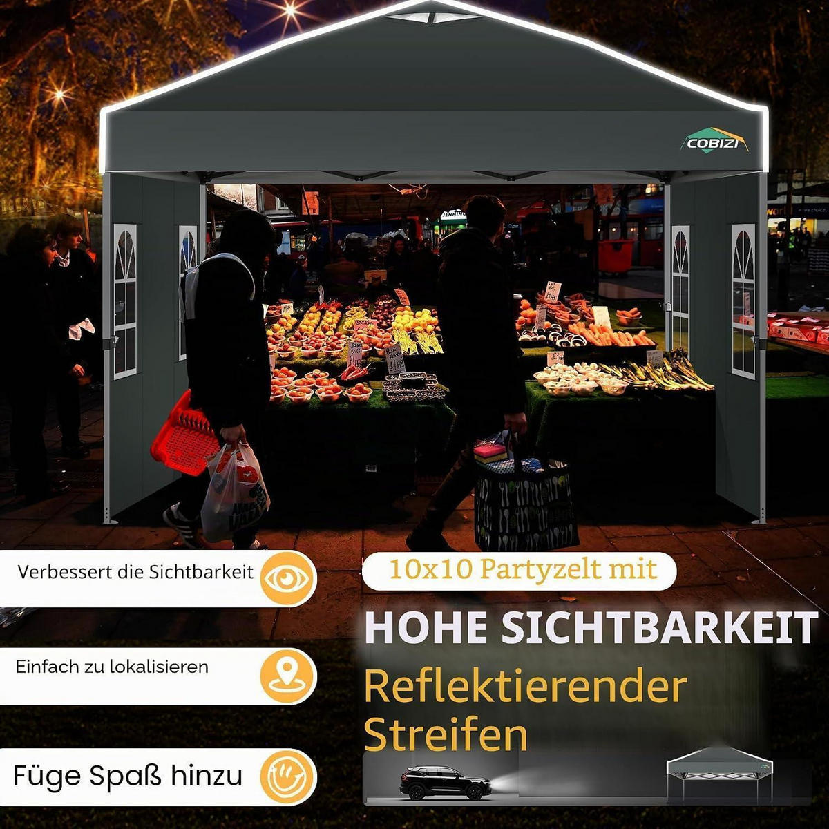 FALTPAVILLON 3x3m Grau Wasserdicht mit Seitenwänden - Grau, Textil (300/298/300cm)