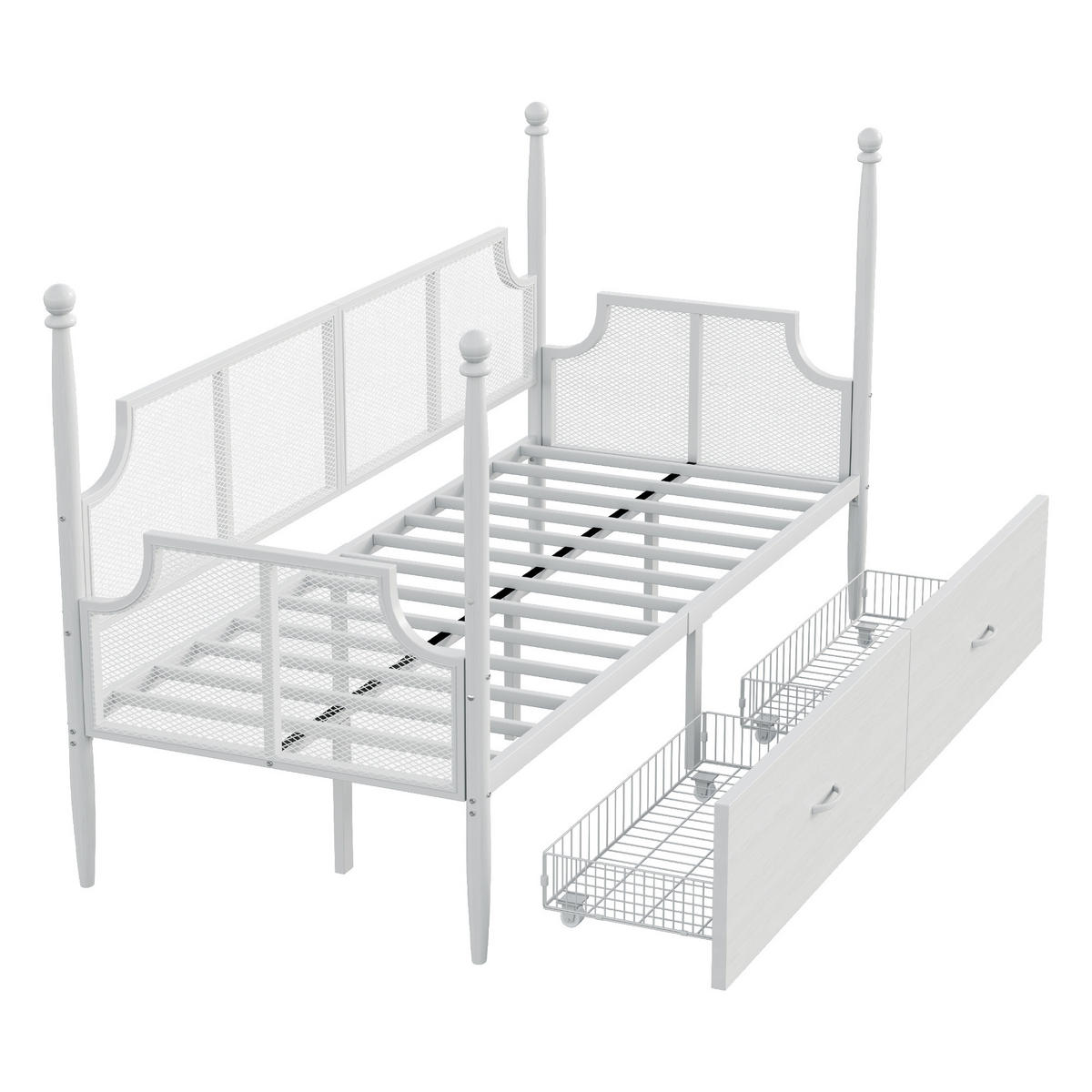 METALLBETT 90/200 cm weiß mit Vintage-Rückenlehne und Ablagefächern - Weiß, Metall (90/200cm) - OKWISH