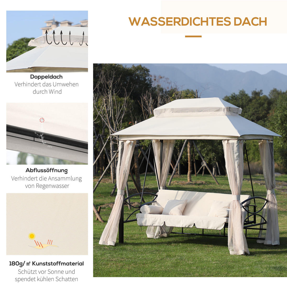 3-SITZER Hollywoodschaukel Gartenschaukel Pavillon Seitenwände Liegefunktion - Beige, Metall (172/248/256cm) - Outsunny