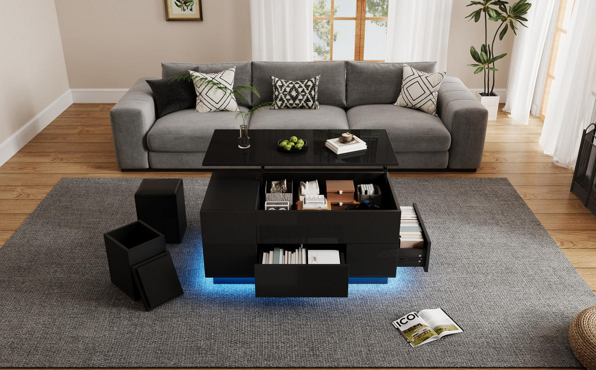 COUCHTISCH 100/50/45 cm höhenverstellbar mit LED, 2 Schubladen, verstecktem Stauraum und 2 Hockern, Schwarz - Schwarz, Holzwerkstoff (100/50/45cm) - Modfu