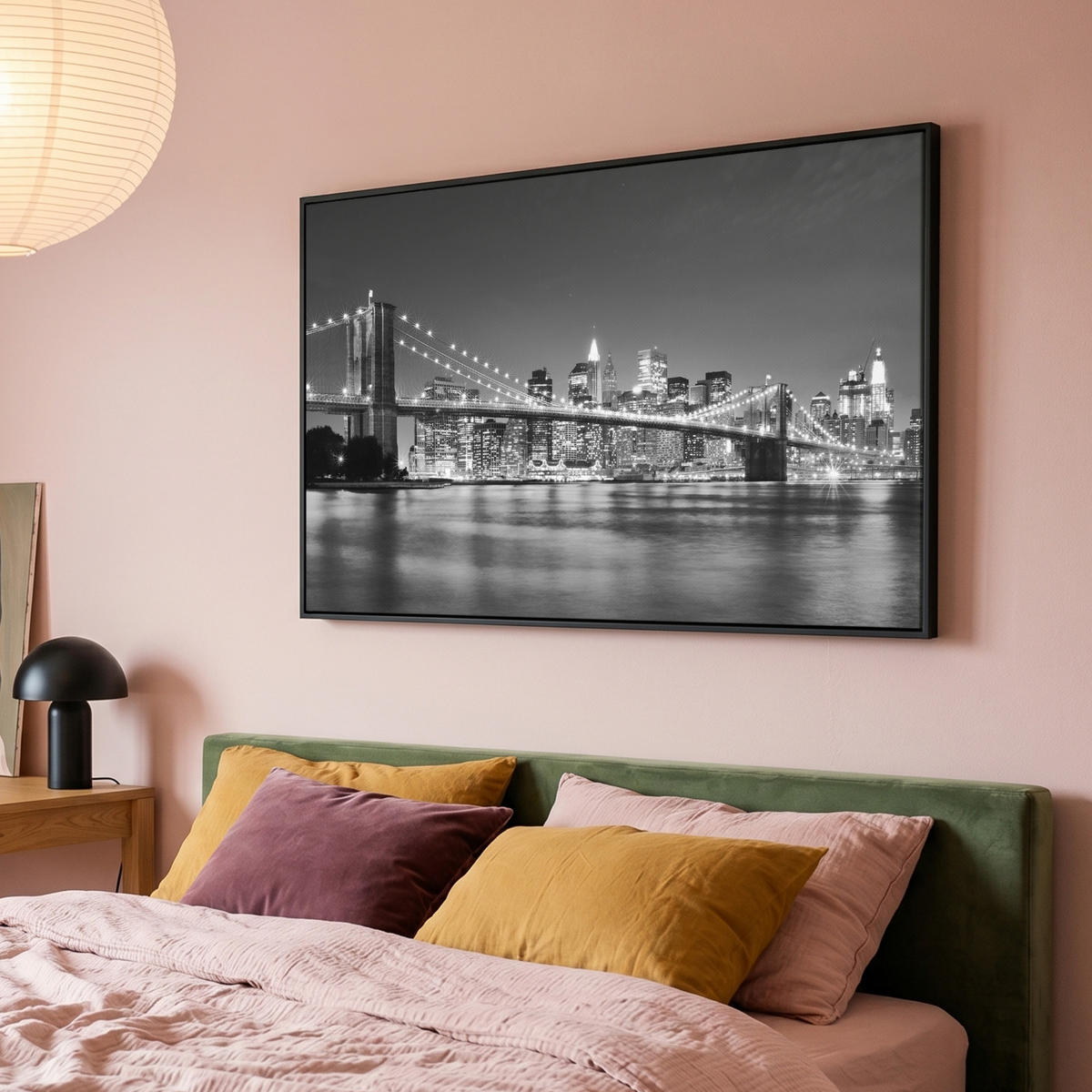 LEINWAND Bilder mit Rahmen - New York - Brücke - Brooklyn - Schwarz und weiß - Architektur - 150x100 - Schwarz, Textil (150/100cm) - MuchoWow