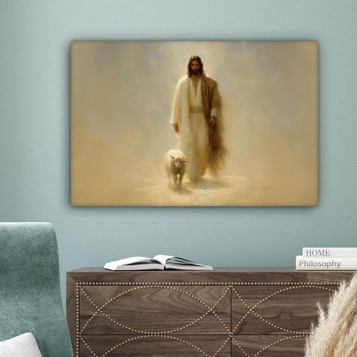 LEINWANDBILD Schaf - Jesus - Pinselstriche - Abstrakt Wanddeko 90x60 cm - Sandfarben, Textil (90/60cm) - MuchoWow