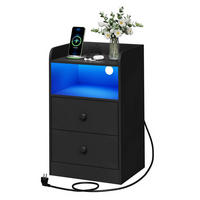 NACHTTISCH mit LED-Licht, 2 Steckdosen , Holz, Schwarz - Schwarz, Holzwerkstoff (40/64/35cm) - Woltu