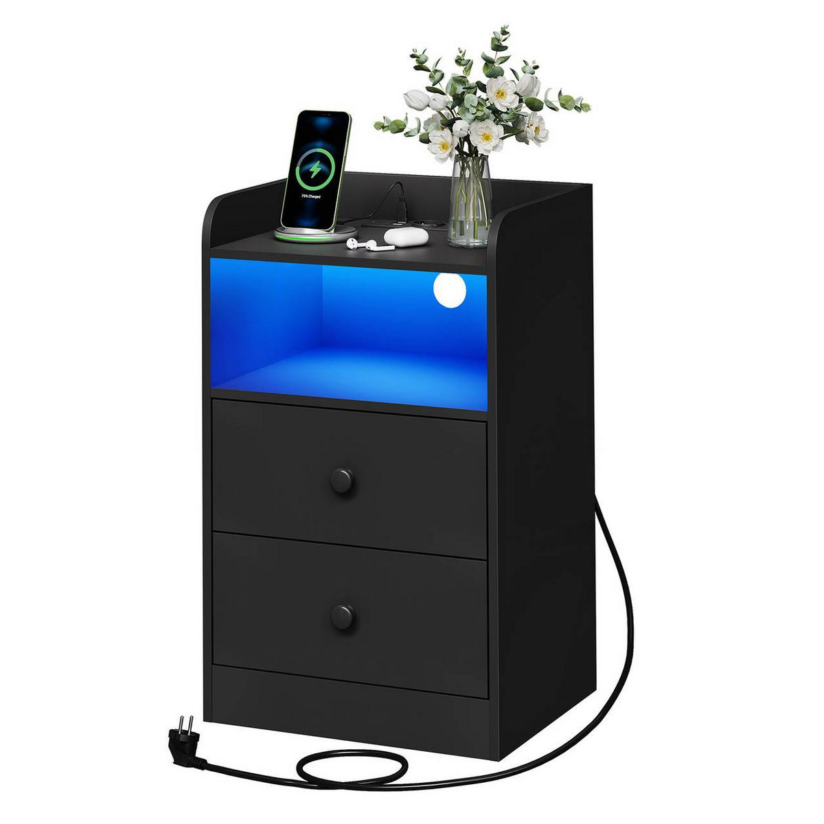 NACHTTISCH mit LED-Licht, 2 Steckdosen , Holz, Schwarz - Schwarz, Holzwerkstoff (40/64/35cm) - Woltu