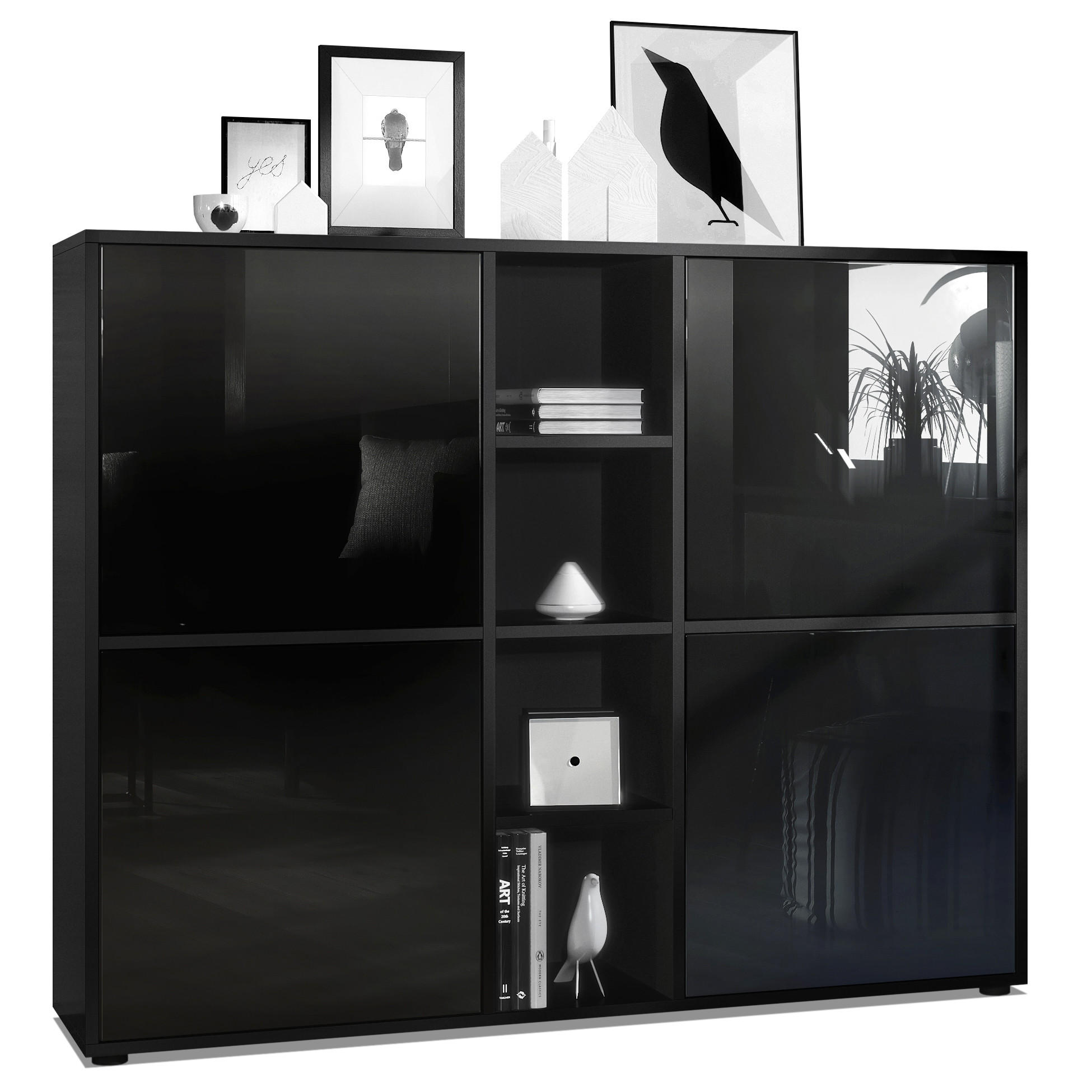 Vladon Highboard Schwarz Hochglanz 130.5x105.5x35.5 cm