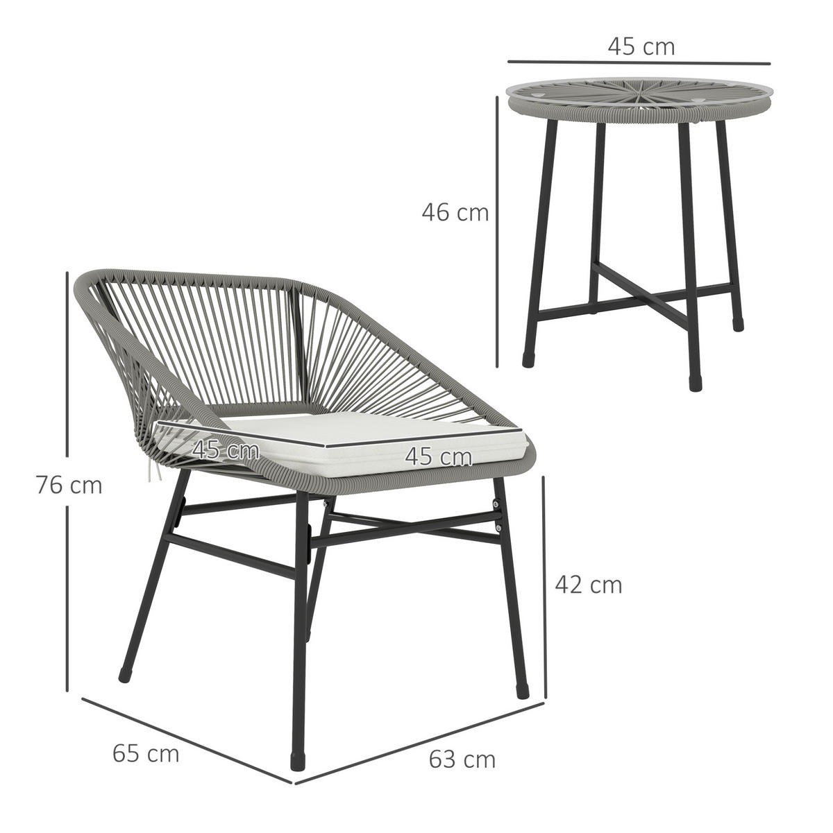 BALKONSET aus Rattan 3-teilig 45x45x46cm dunkelgrau mit Sitzkissen - Dunkelgrau, Naturmaterialen - Modfu