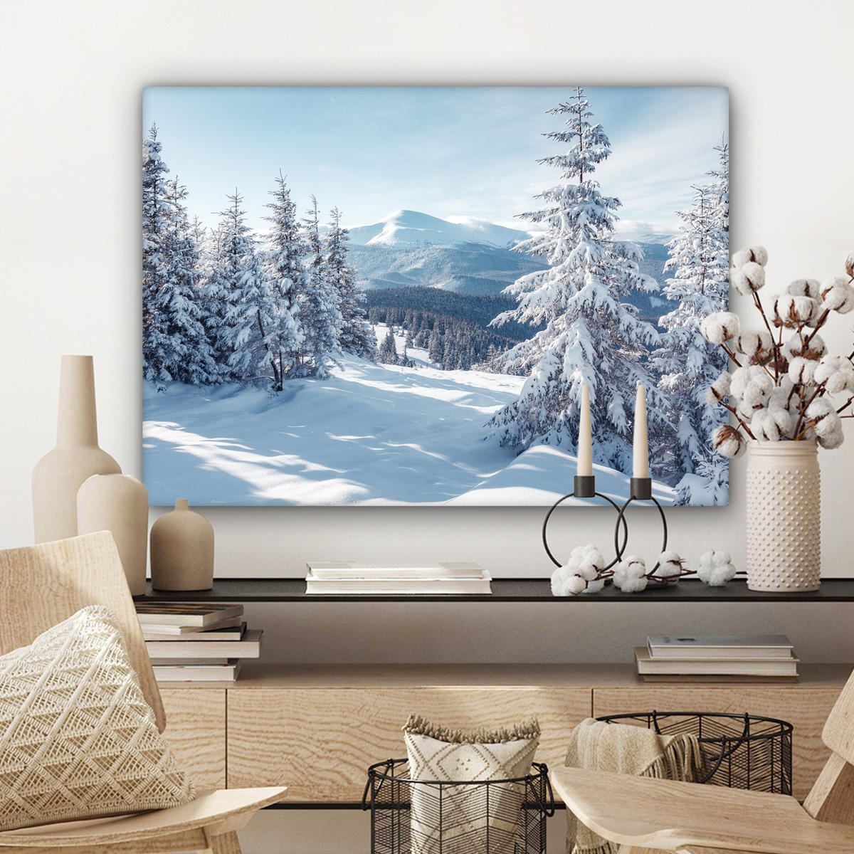 LEINWANDBILD Winterlandschaft - Natur - Berge - Bäume - Schnee Wandbilder 80x60 cm - Hellblau, Textil (80/60cm) - MuchoWow