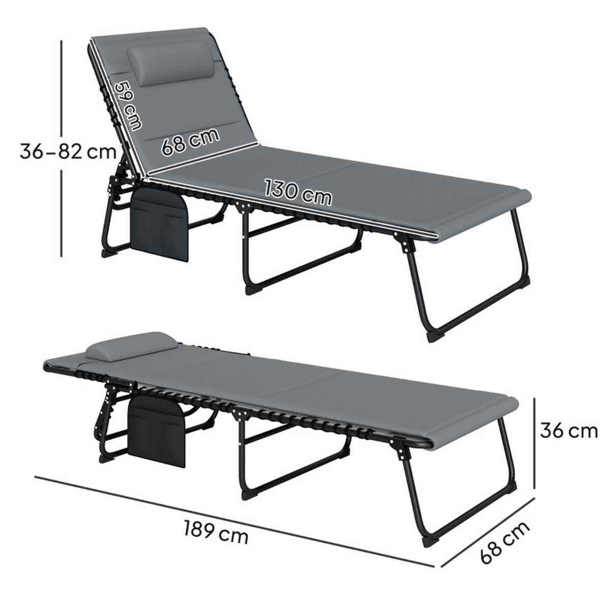 LIEGESTUHL 2er Set klappbar Kopfkissen Seitentasche - Grau, Metall (68/189cm) - Kaket