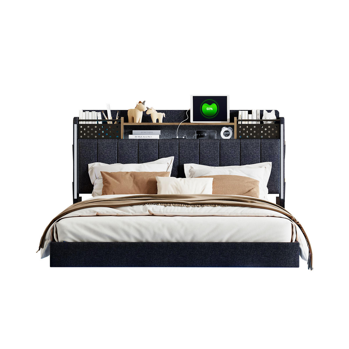 POLSTERBETT 140/200 cm grau aus Leinenstoff mit LED und USB-Anschluss mit Stauraum - Grau, Textil (140/200cm) - OKWISH