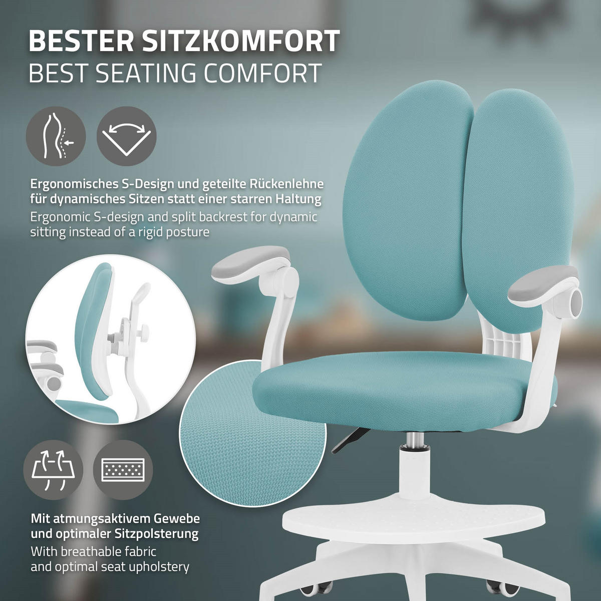 DĚTSKÁ ŽIDLE K PSACÍMU STOLU, petrolová, 95–107 cm, z polyesteru - bílá/petrolejová, textil/plast (53/107/53cm) - ML-DESIGN