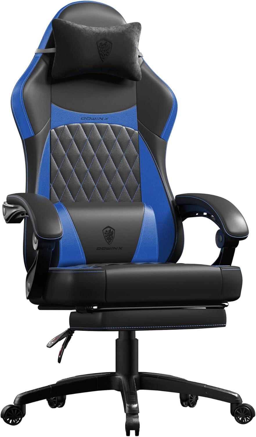 GAMING-STUHL ergonomischer & 150 kg Tragfähigkeit, Fußstütze, PU-Leder - Blau, Leder (65/127/63cm)