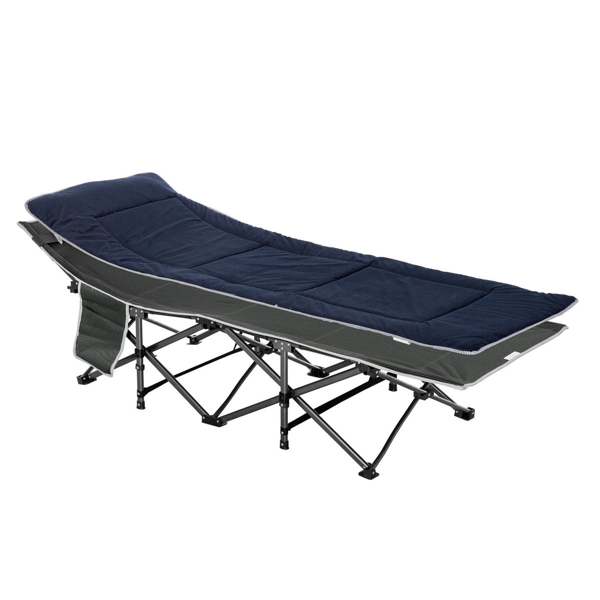 CAMPINGBETT Klappbar mit Kopfkissen und Seitentasche Dunkelblau-Grau bis 150 kg - Dunkelblau, Metall (64.5/53/188cm) - ComfortXL