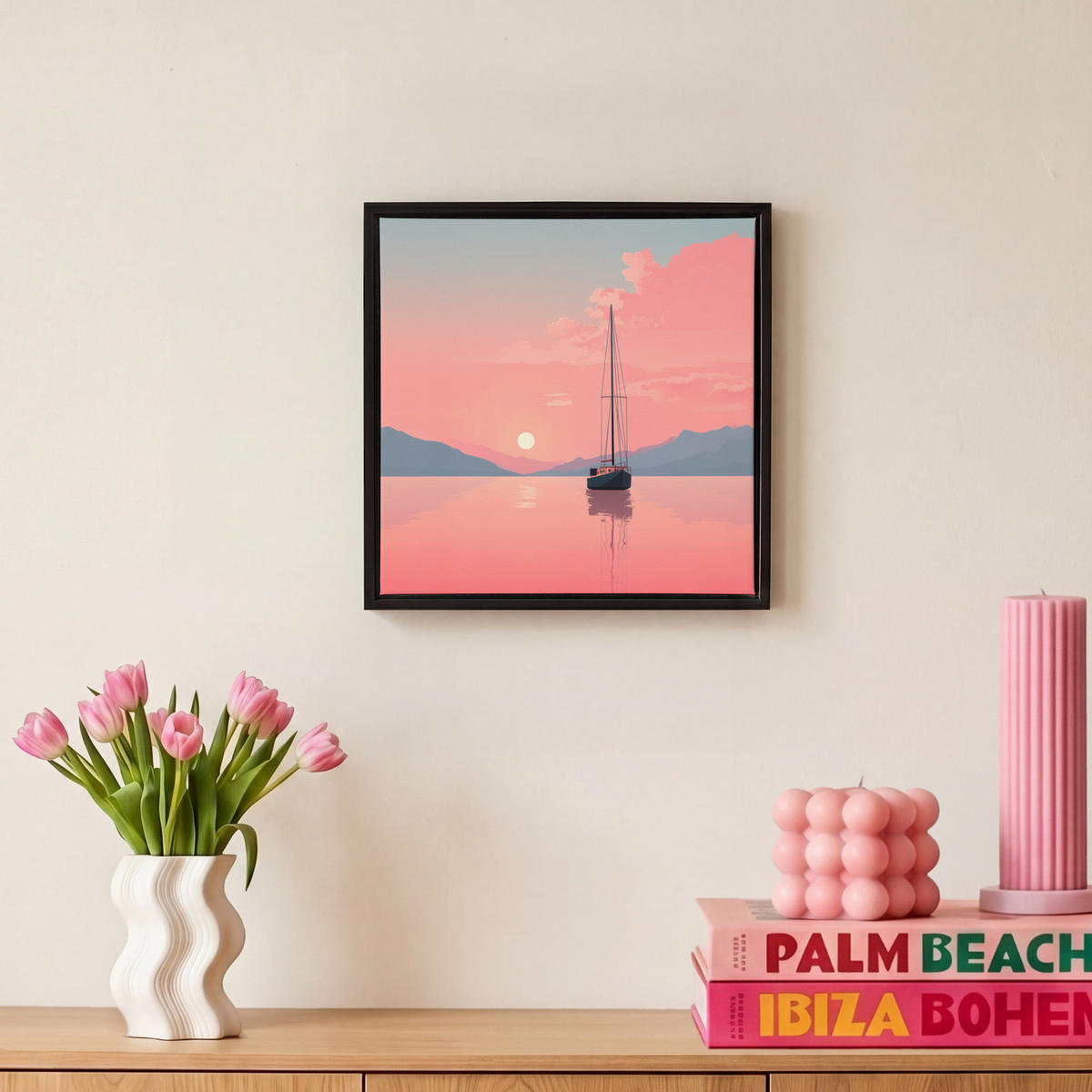 LEINWAND Bilder mit Rahmen - Segelboot - Rosa Meer - Sonnenuntergang - Berge - 20x20 - Rosa, Textil (20/20cm) - OnlyWow