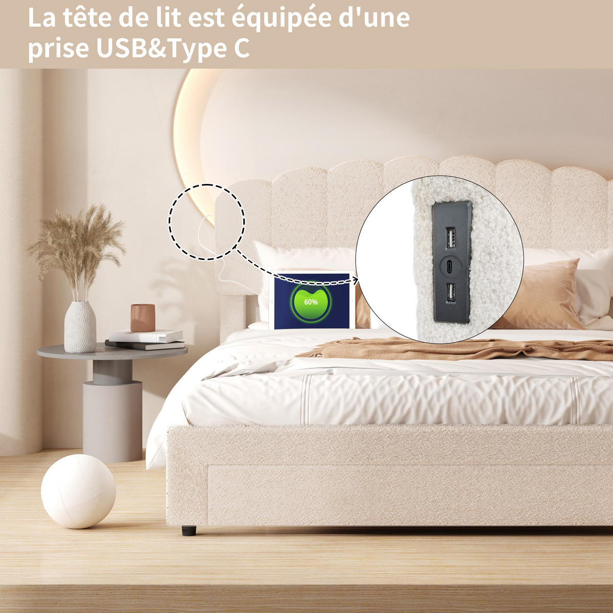 POLSTERBETT 160x200 cm, Beige, Schublade und USB - Beige, Textil/Metall (160/200cm)