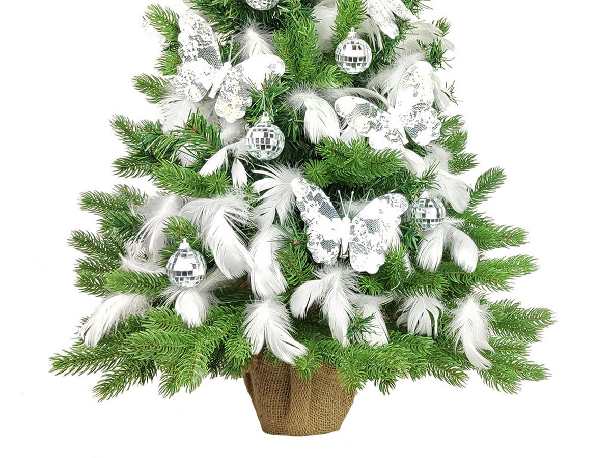 WEIHNACHTSBAUM künstlicher 60 cm mit LED-Beleuchtung, SILBERGLÜCK, mit 21 Weihnachtsbaumschmuck, Pflanztopf mit Jutesack - Silberfarben/Weiß, Kunststoff/Stein (40/60cm) - LAALU