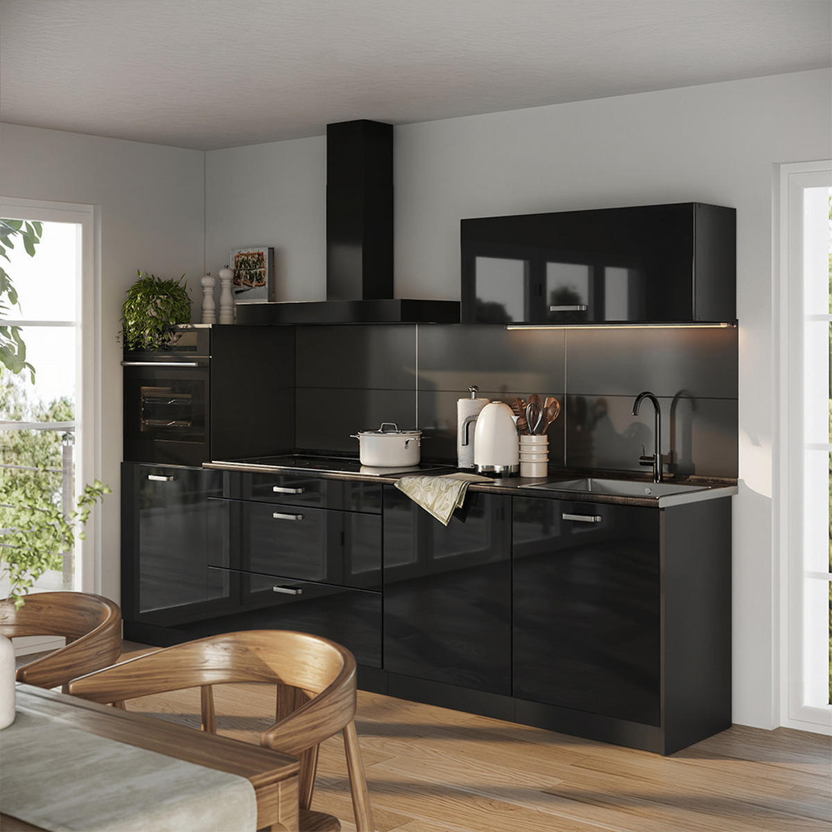 KUCHYŇSKÝ KOUT R-Line, Černý vysoký lesk/Antracit, 280 cm pracovná doska Dub Goldkraft - antracitová/vysoce lesklá černá, kompozitní dřevo (280/143/60cm) - Vicco