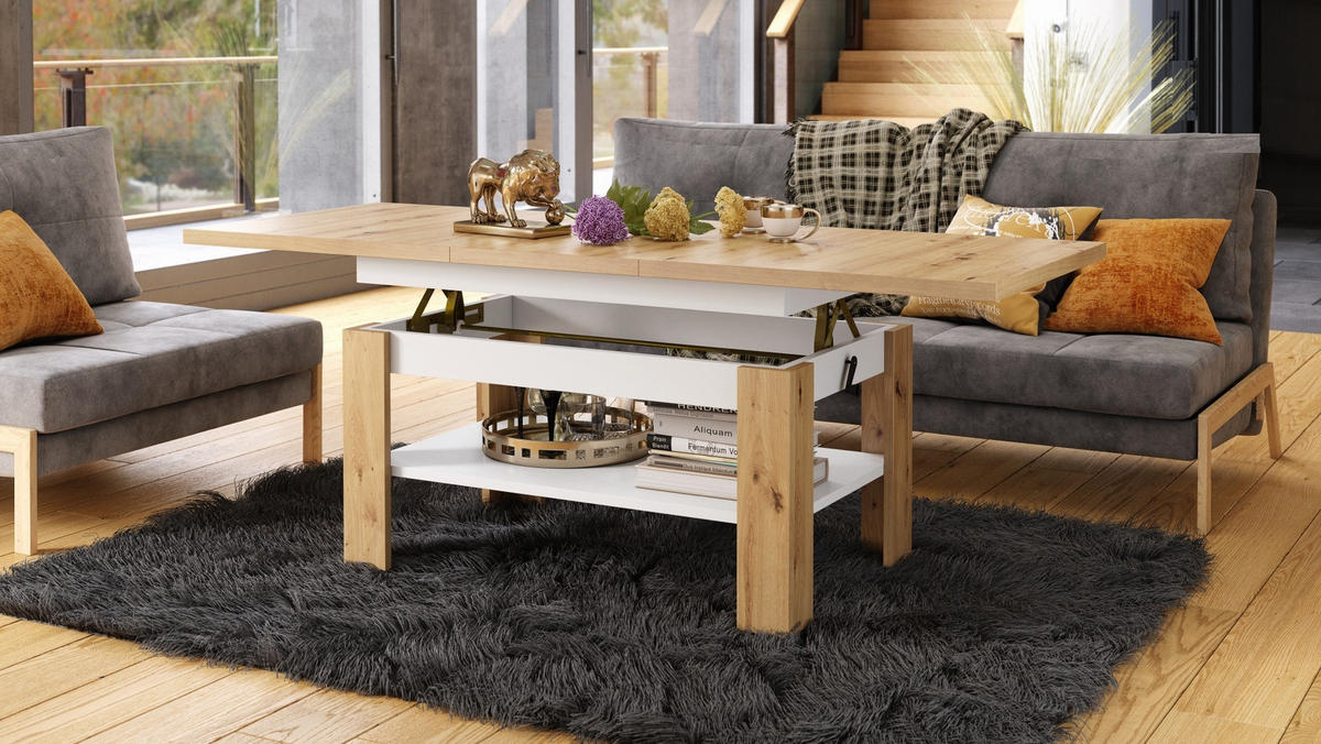 COUCHTISCH rechteckig Eiche Gold - Weiß ausziehbar höhenverstellbar - Eichefarben/Weiß, Holzwerkstoff (65/130/58cm) - designimpex
