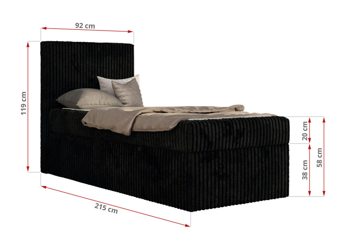 JUGENDBETT TILIO 90/200 - Schwarz - H4 - Links Seite - Schwarz, Textil (90/200cm) - MKS