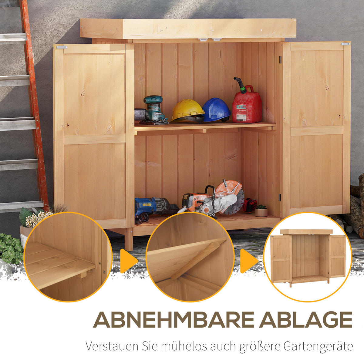 GARTENSCHRANK Geräteschuppen mit Doppeltür, 2 Fächern, wetterfest, Tannenholz, Natur - Fichtefarben, Holz (43/88/74cm) - Outsunny