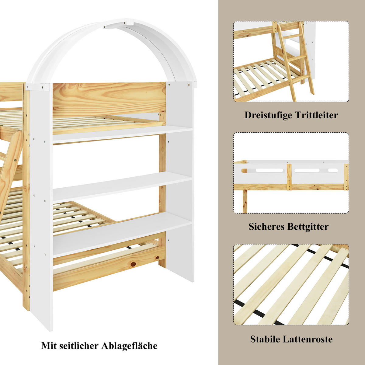 ETAGENBETT 90/200 cm Weiß+Natur mit dreistufigem Regal und sicherem Bettgitter aus Kiefer und MDF - Naturfarben, Holzwerkstoff (90/200cm) - OKWISH