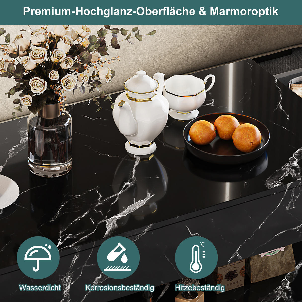 COUCHTISCH 100x50 cm Schwarz Hochglanz Marmoroptik mit LED-Beleuchtung & Schubladen - Schwarz, Holz (100/50/45cm) - SHOPENTRA