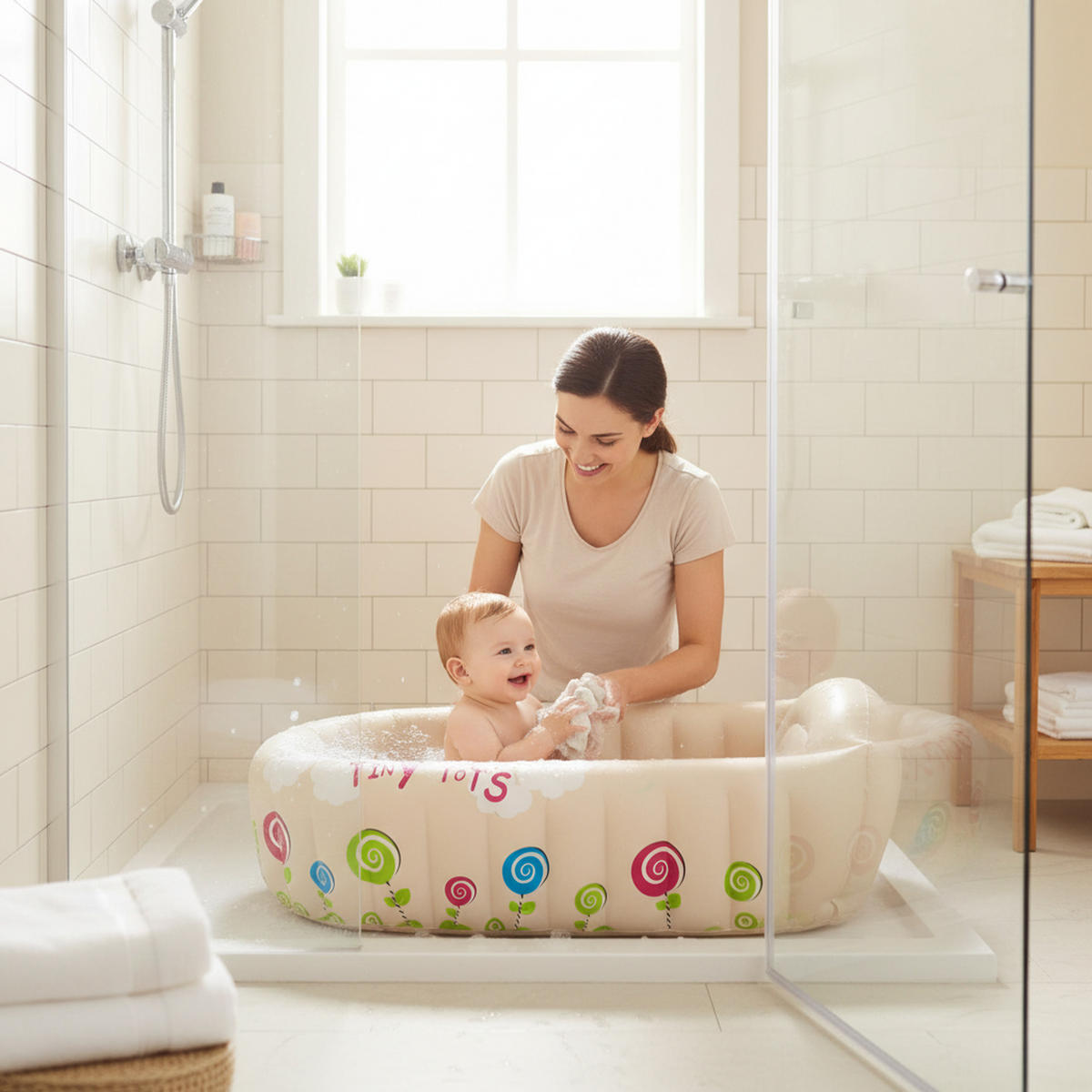 PLANSCHBECKEN Baby Badewanne aufblasbar 91 x 61 x 29 cm beige Temperaturanzeige - Beige, Kunststoff (61/91cm) - Avenli