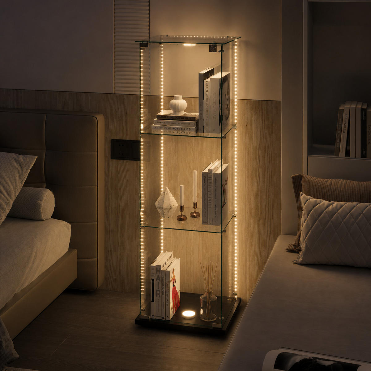 VITRINE,3-STÖCKIG Vitrinenschrank mit LED-Beleuchtung,Schwarz - Schwarz, Glas (40/123/35cm) - PARAFTA HOME