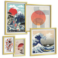 BILDER SET 5er Set - 50x50 cm & 20x30 cm & 40x60 cm Goldrahmen - Illustrationen von Fischbergen, die sich in Japan ausbreiten - Goldfarben, Kunststoff (40/60cm) - TULUP