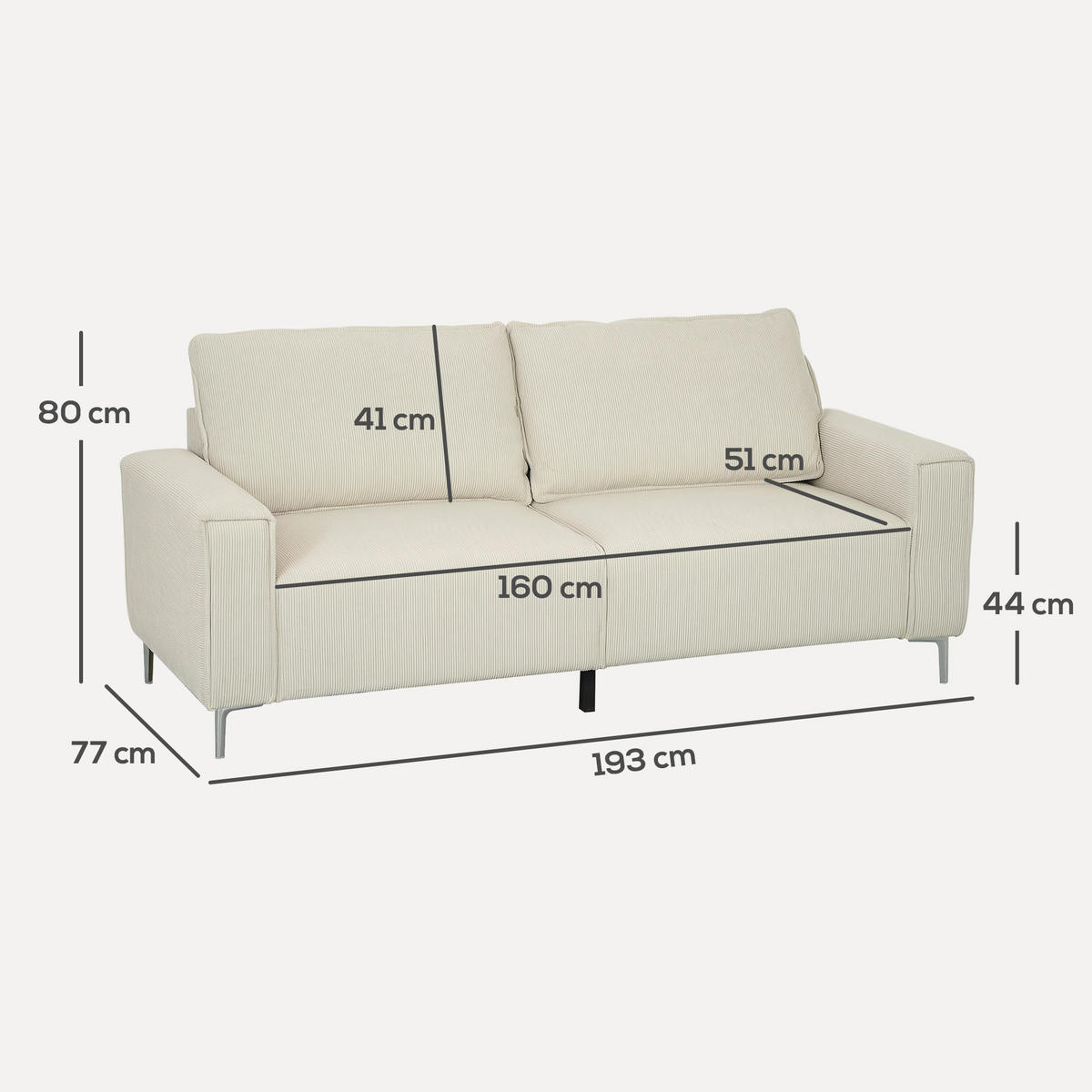 3-SITZER Sofa, Couch mit Armlehnen, Rückenkissen, für Wohnzimmer, Schlafzimmer - Silberfarben/Creme, Textil/Metall (77/80/193cm) - HOMCOM