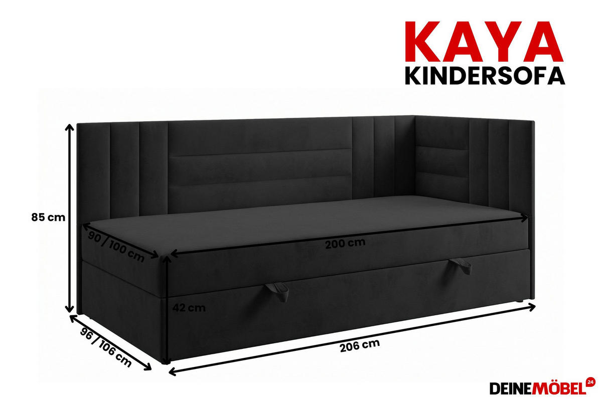 BOXBETT KAYA 100/200 in Velours Schwarz H4 rechts - Schwarz, Holz/Holzwerkstoff (100/200cm) - Deine Möbel 24