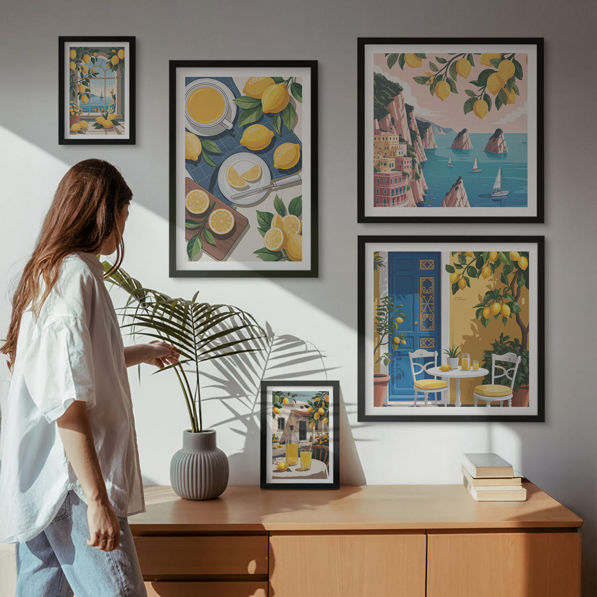 BILDER SET 5er Set - 50x50 cm & 20x30 cm & 40x60 cm Schwarzer Rahmen - Berge, rosa Himmel, Wasser, Sukkulente - Schwarz, Kunststoff (40/60cm) - TULUP
