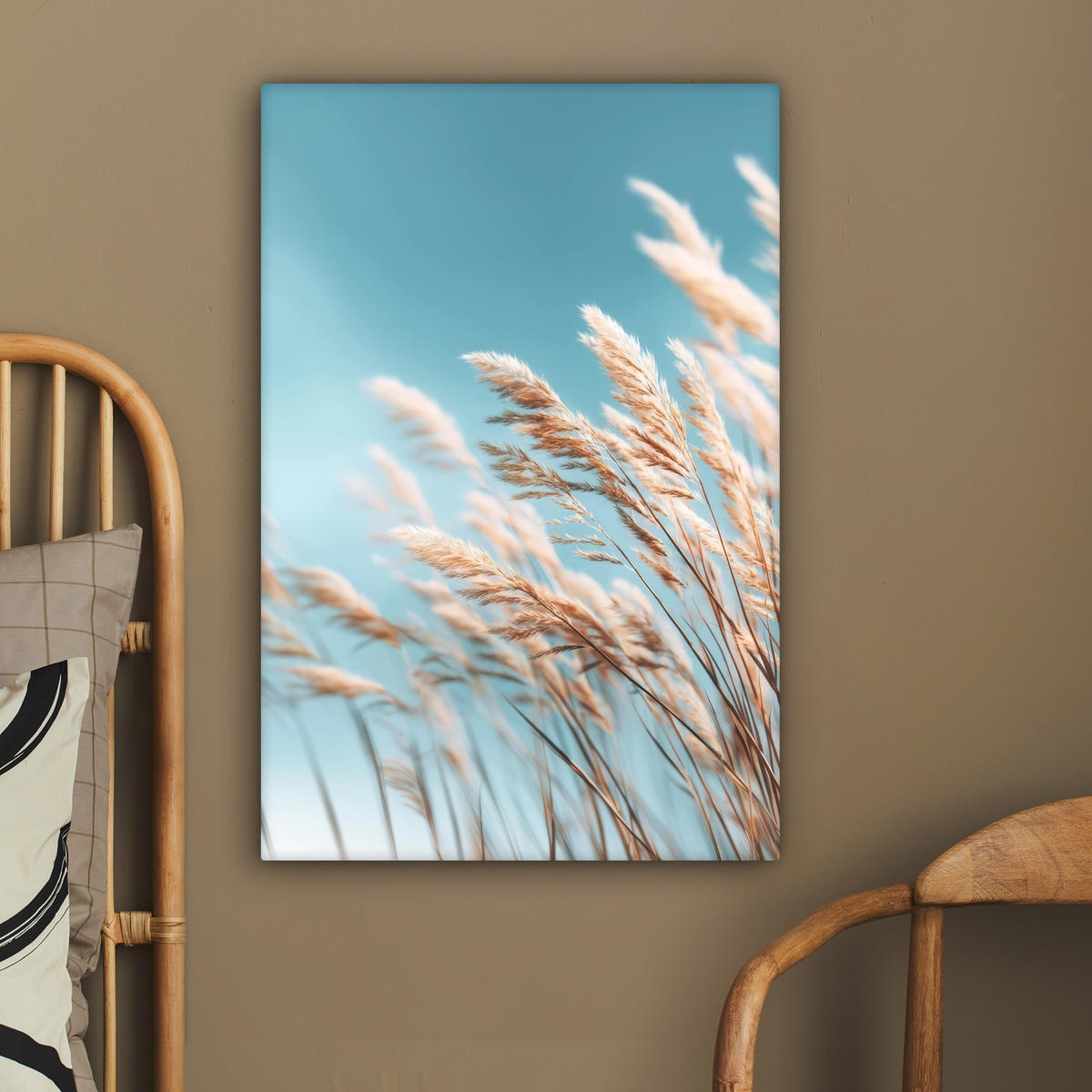 LEINWANDBILD Ziergras - Wind - Hellbraun Wanddeko Schlafzimmer 60x90 cm - Hellblau, Textil (60/90cm) - MuchoWow