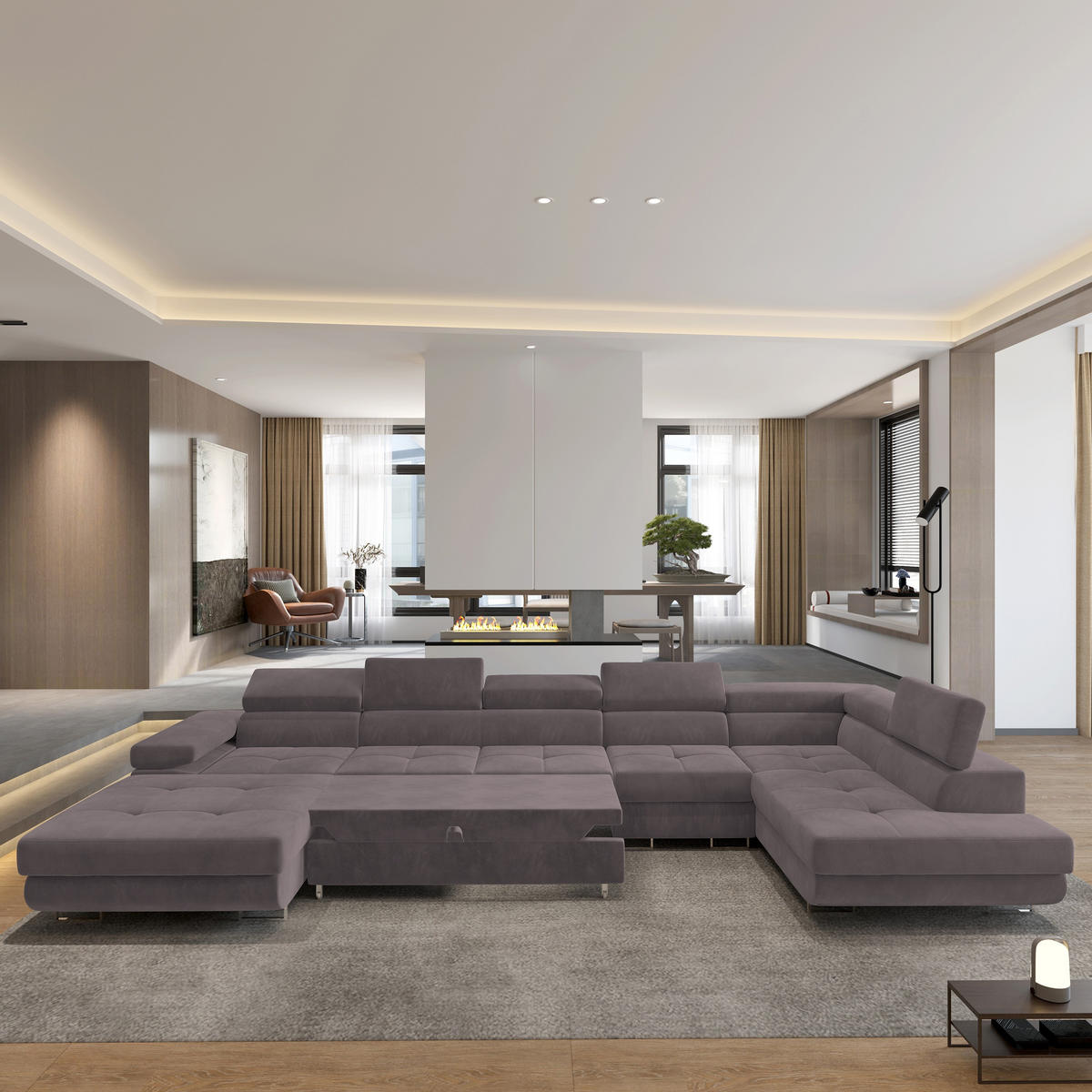 WOHNLANDSCHAFT VELORA R-S Lila Velours-Stoff mit Schlaffunktion - Lila, Holz (419/90/202cm) - MASSENO