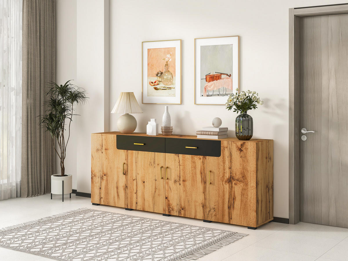 SIDEBOARD 208/39,5/80 cm, 2 Schubladen und 4 Türen, braun/weiß-marmoriertes Design, Spanplatte/MDF, braun/weiß - Braun, Holzwerkstoff (208/80/39.5cm) - Redom