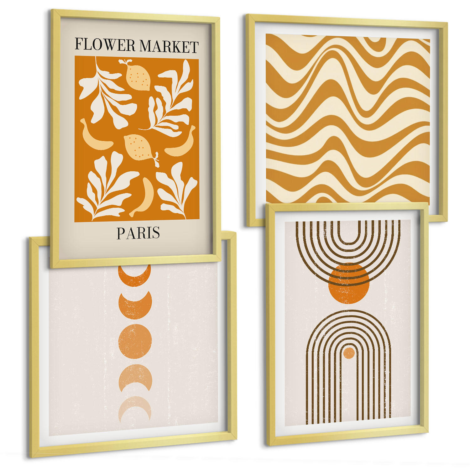 BILDER SET 4er Set - 50x50 cm & 40x60 cm Goldrahmen - Geometrische Pflanzenmuster - Goldfarben, Kunststoff (50/50cm) - TULUP