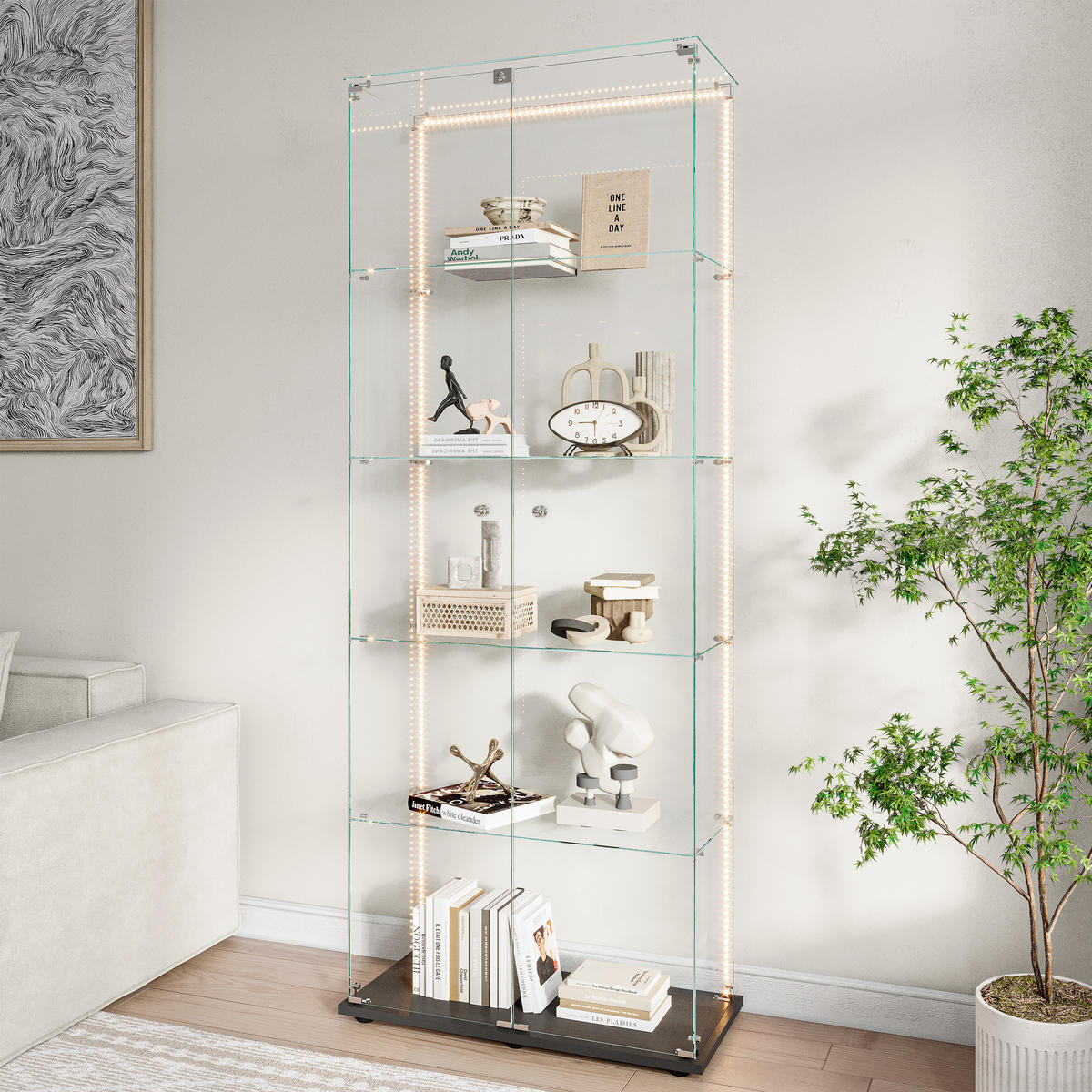VITRINE 80x36x187 cm, LED, 5 Böden, 2 Türen, Schwarz - Schwarz, Holz (80/183/36cm)