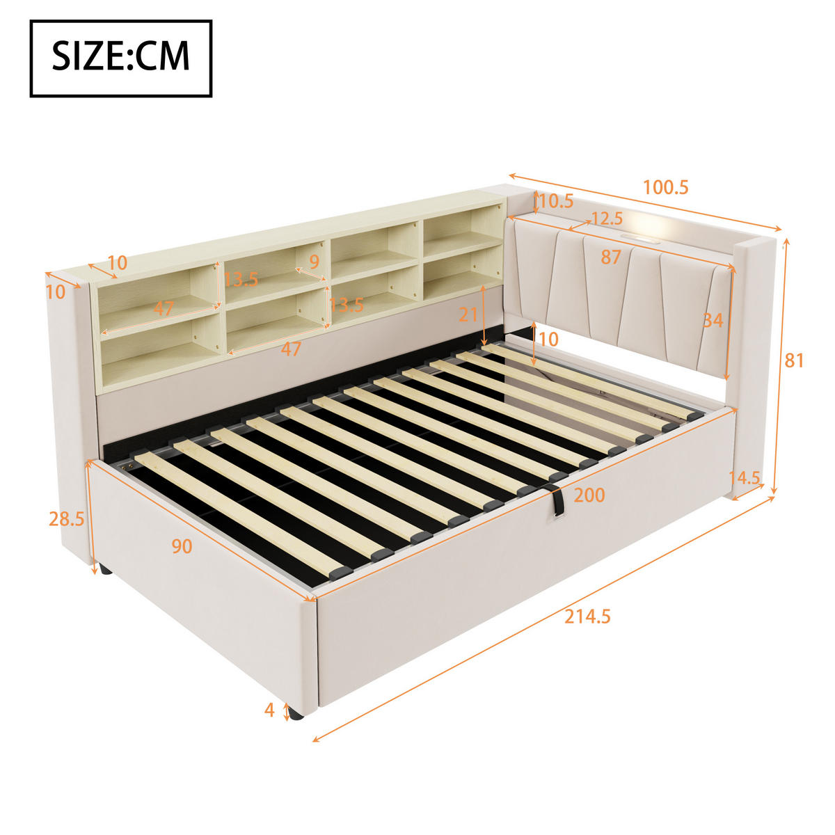 POLSTERBETT 90/200 cm Beige mit Stauraum mit LED-Beleuchtung aus Samt - Beige, Textil (90/200cm) - OKWISH