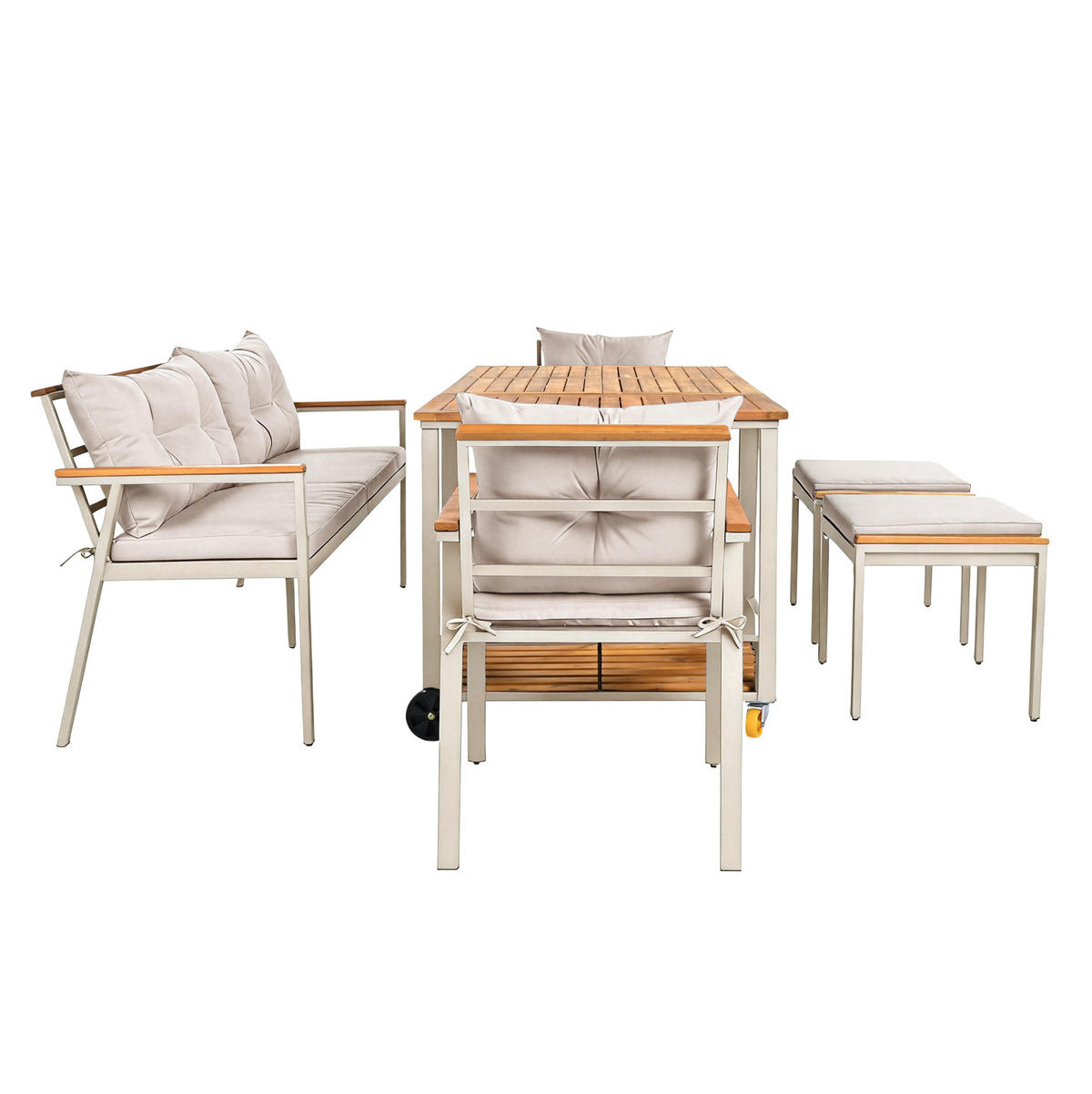 GARTEN-ESSTISCHSET für 6-7 Personen mit abnehmbarem Servierwagen und wasserabweisenden Kissen, Beige/Natur - Beige, Metall - Redom