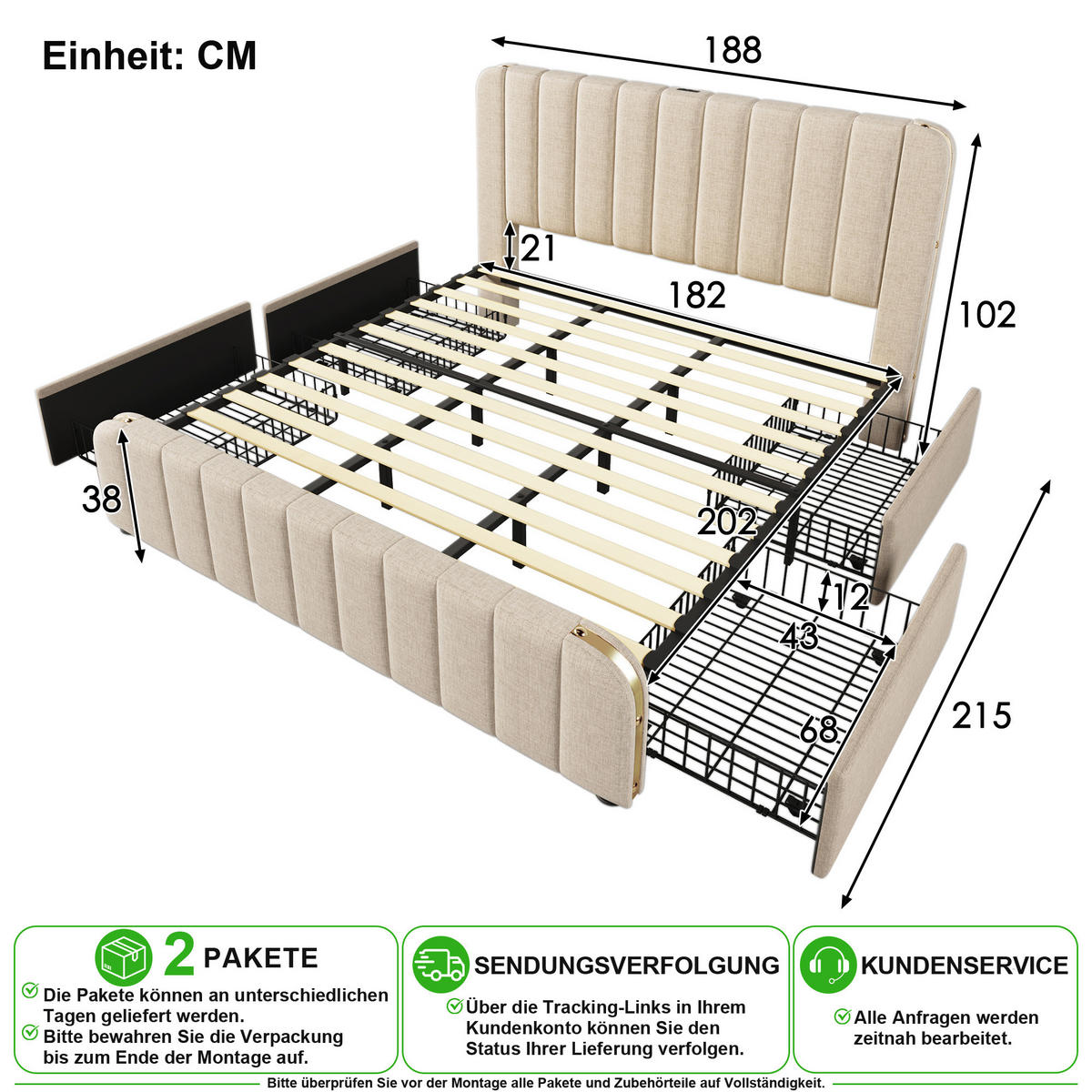POLSTERBETT 180/200 cm in Beige Leinen mit 4 Schubladen, USB und Type-C - Beige, Holzwerkstoff/Textil (180/200cm) - CHICFURN