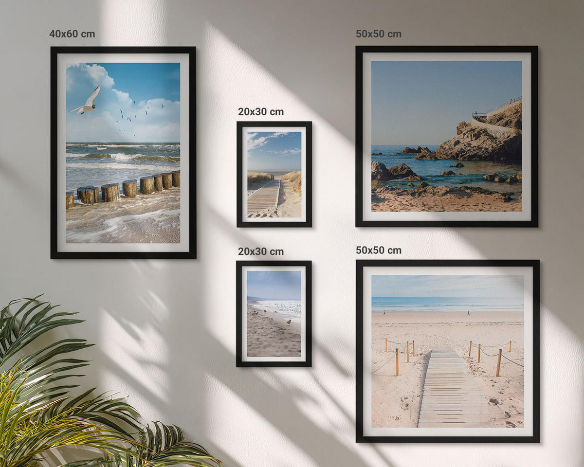 BILDER SET 5er Set - 50x50 cm & 20x30 cm & 40x60 cm Schwarzer Rahmen - Strand, Sand, Wellen, Himmel, Vögel - Schwarz, Kunststoff (40/60cm) - TULUP
