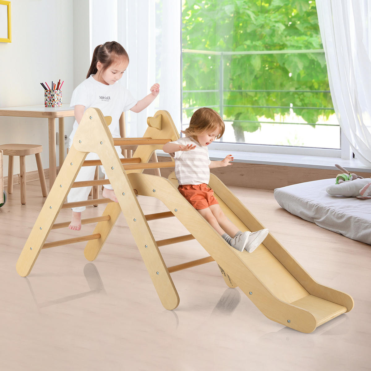 RUTSCHE kletterdreieck Holz - Naturfarben, Holz (87/74/48cm) - COSTWAY