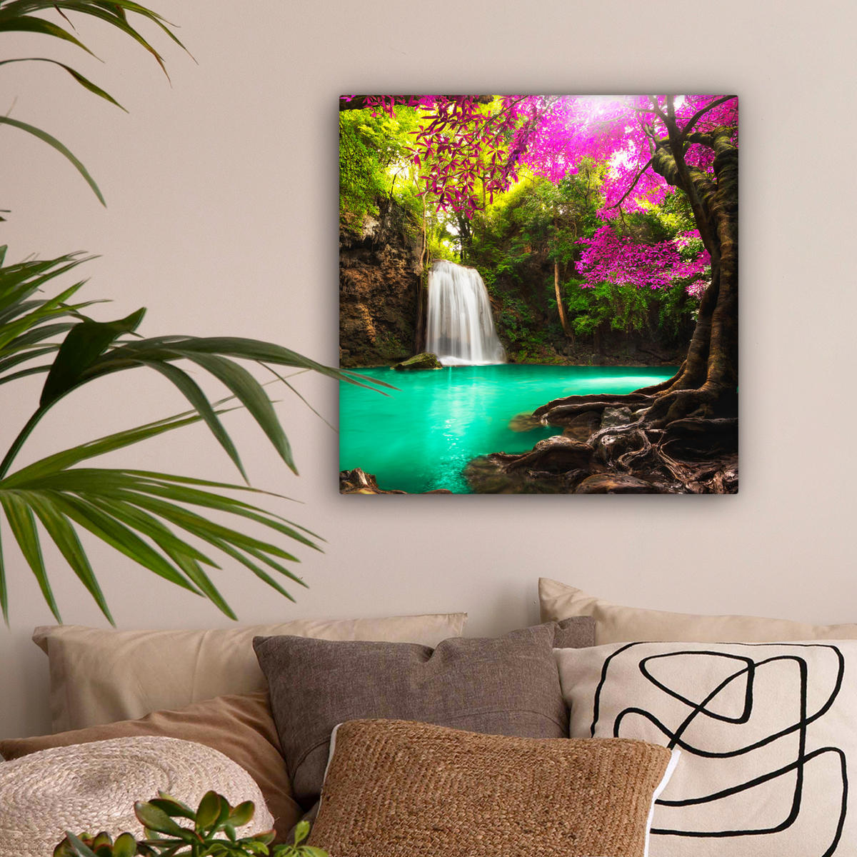 LEINWANDBILD Wasserfall mit bunten Blumen und Bäumen - Natur - Dschungel Wandbild Wohnzimmer 50x50 cm - Waldgrün, Textil (50/50cm) - MuchoWow