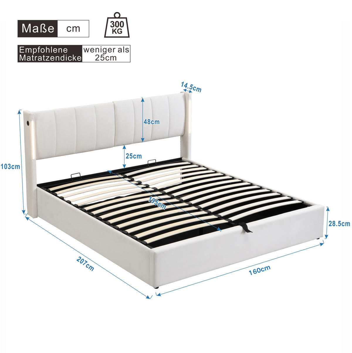 POLSTERBETT 160/200 cm aus PU mit LED-Beleuchtung, USB-Anschluss, Bettkasten und verstellbarem Kopfteil, Weiß - Weiß, Kunststoff (160/200cm) - Redom