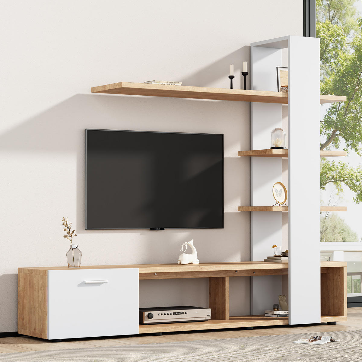 TV-WANDSCHRANK mit Regalen 180 x 33,5 x 151,5 cm Weiß/Wood - Weiß, Holzwerkstoff (33.5/151.5/180cm) - Beauniv