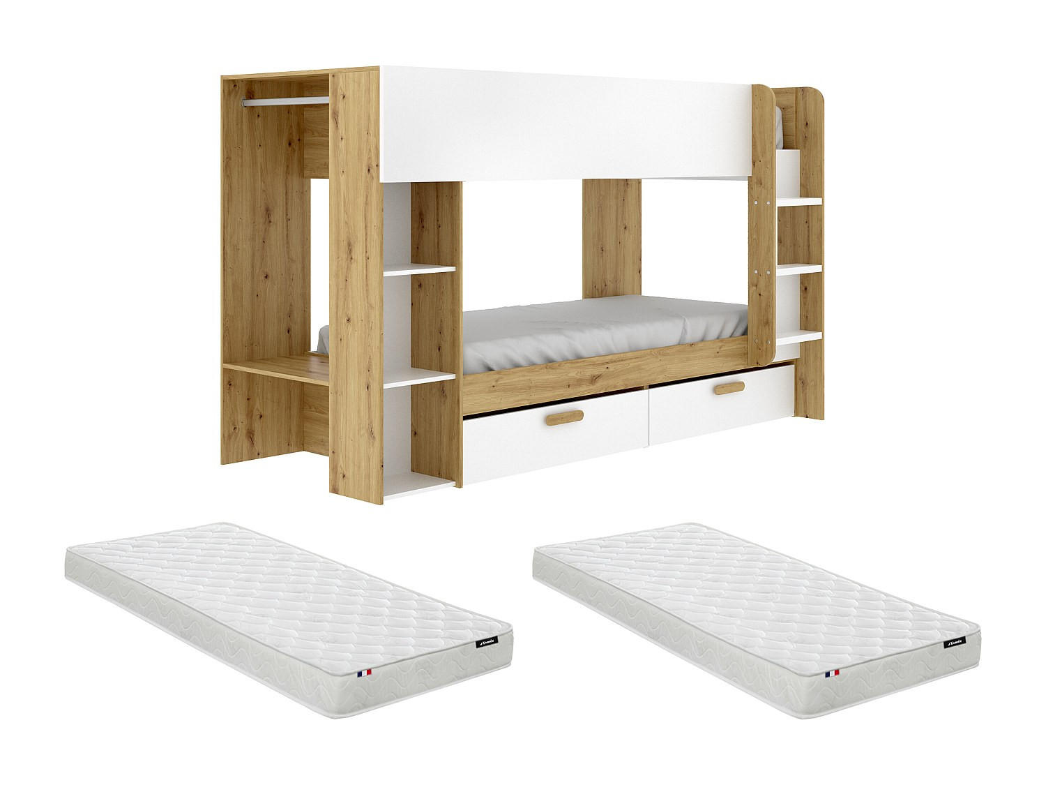 ETAGENBETT 2 x 90 x 200 cm mit Stauraum und Kleiderschrank - Weiß und natürlich + Matratze - OSANA - Naturfarben, Holz - Vente-Unique