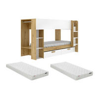 ETAGENBETT 2 x 90 x 200 cm mit Stauraum und Kleiderschrank - Weiß und natürlich + Matratze - OSANA - Naturfarben, Holz - Vente-Unique