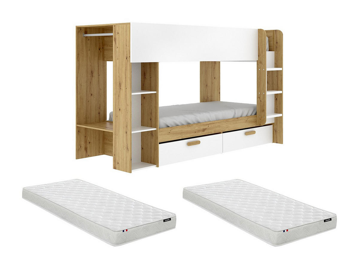 ETAGENBETT 2 x 90 x 200 cm mit Stauraum und Kleiderschrank - Weiß und natürlich + Matratze - OSANA - Naturfarben, Holz - Vente-Unique